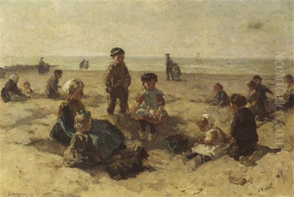 Children Playing On The Beach Oil Painting by Johannes Evert Hendrik Akkeringa