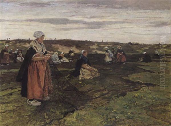 Fisherwomen Mending Nets, Katwijk Oil Painting by Johannes Evert Hendrik Akkeringa