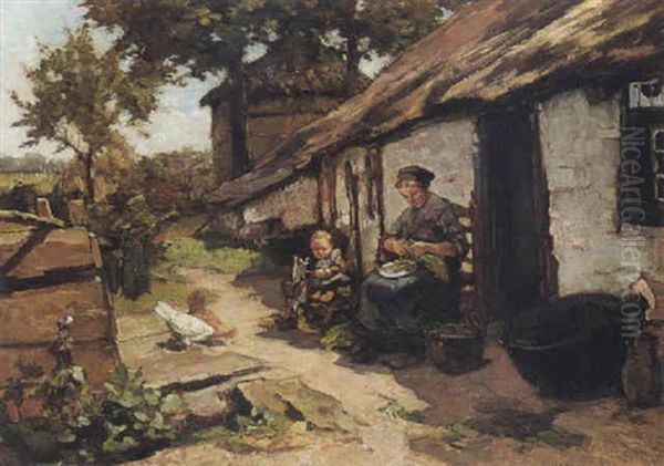 A Peasant Woman In A Kitchen Yard Oil Painting by Johannes Evert Hendrik Akkeringa