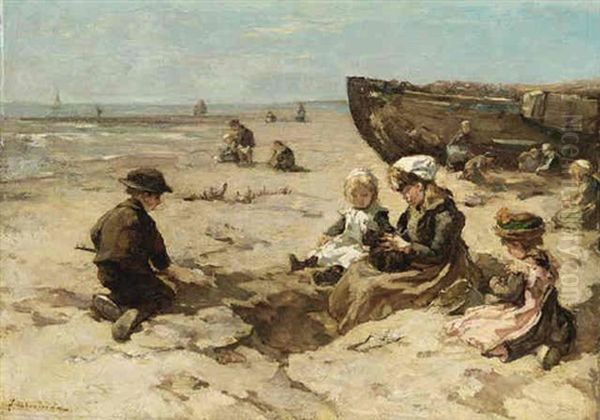 Children Playing On The Beach Oil Painting by Johannes Evert Hendrik Akkeringa