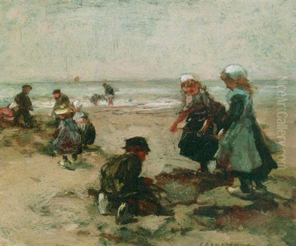 Children On The Beach Oil Painting by Johannes Evert Hendrik Akkeringa