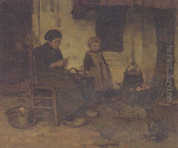 Domestic Duties Oil Painting by Johannes Evert Hendrik Akkeringa