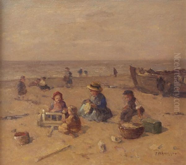 Beach Fun Oil Painting by Johannes Evert Hendrik Akkeringa