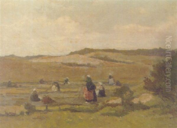 Netmender In The Dunes Oil Painting by Johannes Evert Hendrik Akkeringa