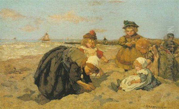 Children On The Beach Oil Painting by Johannes Evert Hendrik Akkeringa