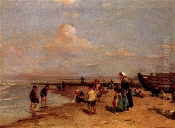 Children On The Beach Oil Painting by Johannes Evert Hendrik Akkeringa