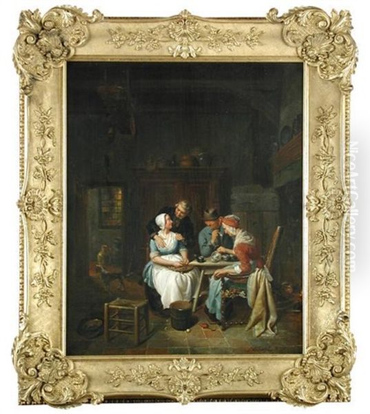 An Amorous Innkeeper Embracing A Maid, Whilst Another Couple Takes Tea Oil Painting by Jacob Akkersdijk