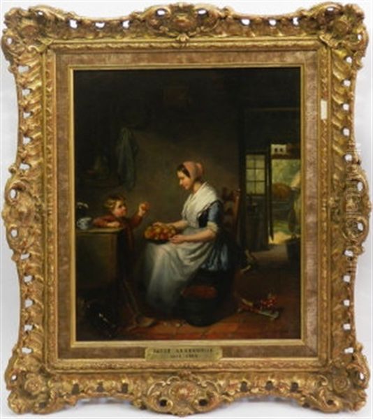 Mother And Child In A Cottage Interior Oil Painting by Jacob Akkersdijk