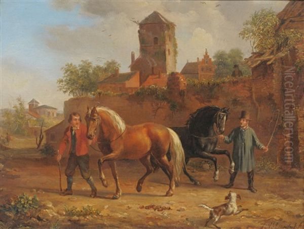 Two Figures With Horses And A Dog, With Buildings Nearby by Jacob Akkersdijk