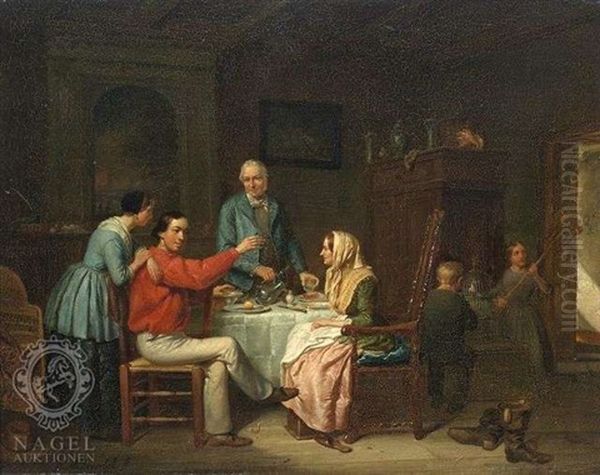 Saloninterieur. Die Familie Hat Sich Um Den Tisch Versammelt Oil Painting by Jacob Akkersdijk