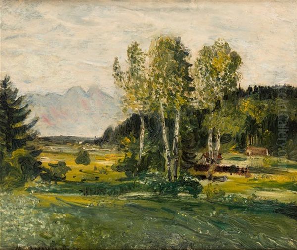 Landscape With Birches Oil Painting by Manuil Aladzhalov