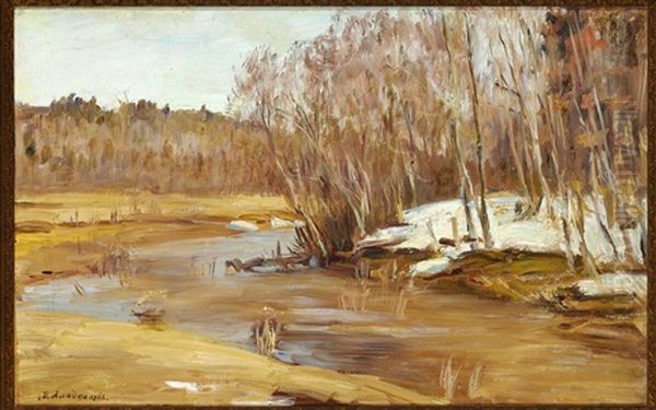 Russian Landscape At Early Spring With Birch Trees At A Stream Oil Painting by Manuil Aladzhalov