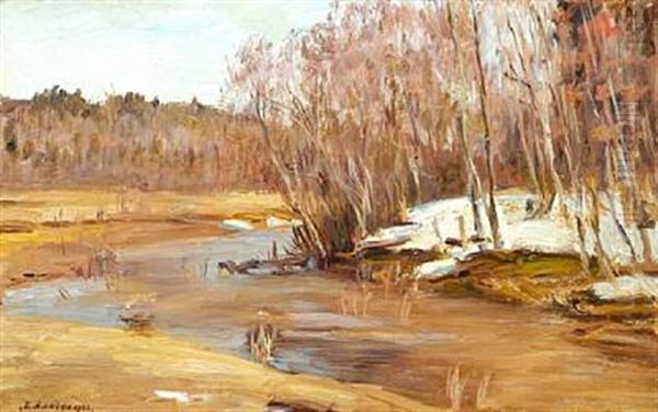 Russian Landscape At Thaw With Birch Trees At A Stream Oil Painting by Manuil Aladzhalov