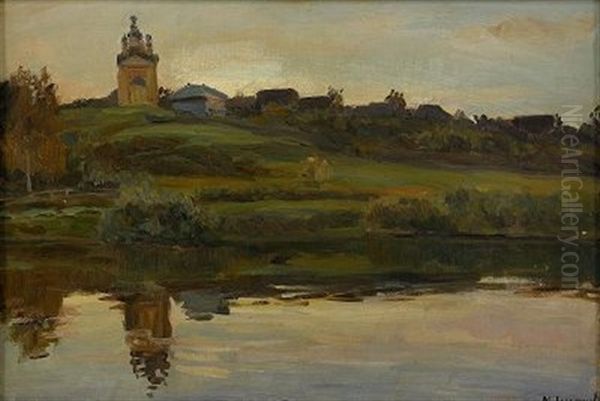 Church Along The River Oil Painting by Manuil Aladzhalov