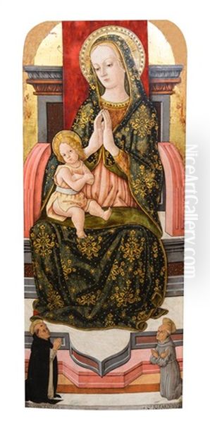 Madonna And Child Enthroned With Saint Vincentes Ferre And Bernardinus by Pietro Alamanno