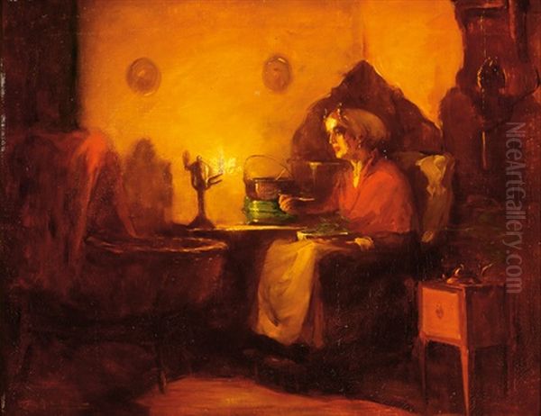 Interior With Woman In Regional Dress Oil Painting by Max Alandt