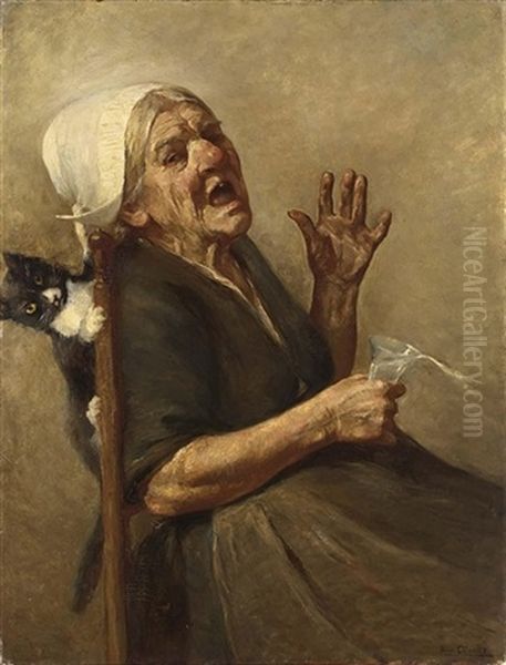 An Elderly Lady Frightened By A Cat Oil Painting by Max Alandt