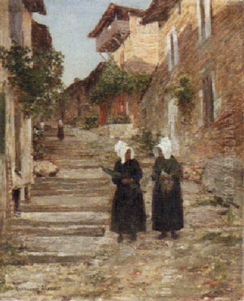 Breton Women On A Village Street Oil Painting by Guillaume Alaux