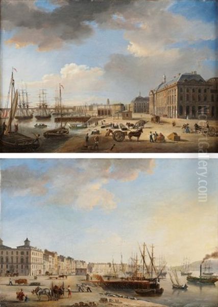 Vue Du Quai Des Chartrons A Bordeaux Depuis L'esplanade Des Quinconces (+ Vue De La Place De La Bourse Et Du Pont De Pierre Depuis L'esplanade Des Quinconces; Pair) Oil Painting by Jean Paul Alaux