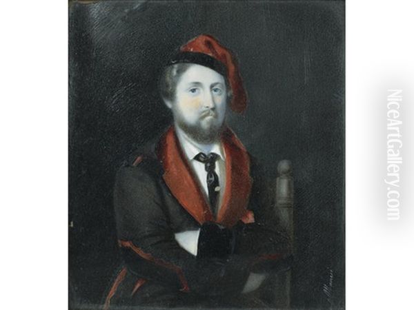 Henri Charles Ferdinand Marie Dieudonne D'artois, Duc De Bordeaux, And Comte De Chambord (1820-1883), Seated And Wearing Brown Smoking Jacket With Red Lapels And Black Velvet Arm Pads Oil Painting by Michaelo Albanesi