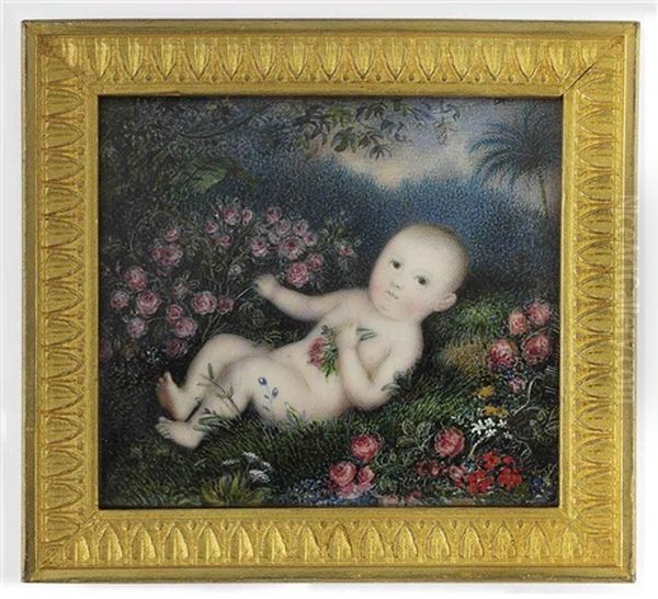 A Baby, Lying Nude In A Garden Surrounded By Flowers And Trees Oil Painting by Michaelo Albanesi