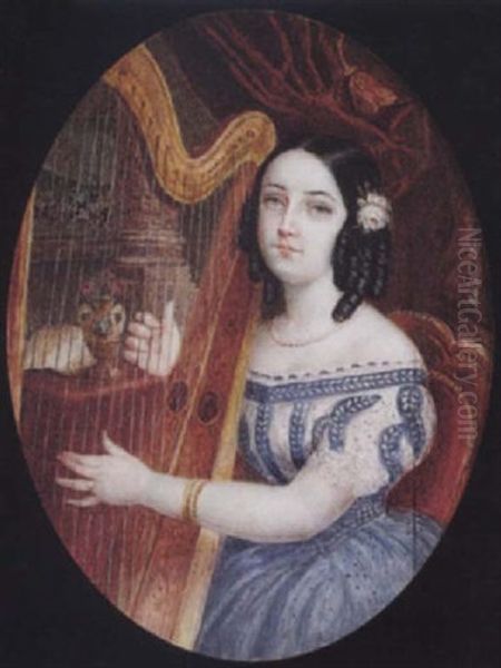 Portrait Of A Young Lady Playing A Harp, She Wears Decollete Dress With Blue Skirt, Pearl Necklace, Gold Bracelet And Pink Rose... Oil Painting by Michaelo Albanesi