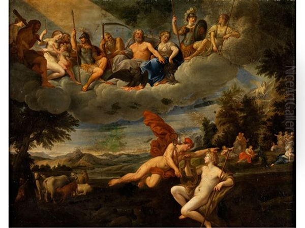 Merkur Und Apollo In Arkadischer Landschaft Oil Painting by Francesco Albani