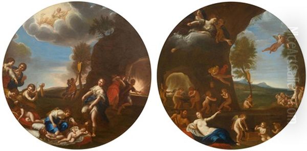 Pair Of Works: The Putti Making Weapons / The Putti Disarmed Oil Painting by Francesco Albani