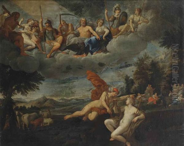 The Realm Of Heaven, Mercury Presents Apollo With A Lyre As A Peace Offering by Francesco Albani