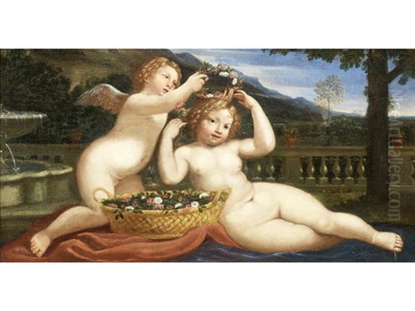 Putti Weaving Garlands Of Flowers Before A Landscape Oil Painting by Francesco Albani