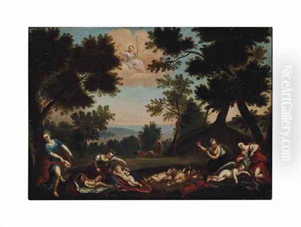 Sleeping Cupids Disarmed By The Nymphs Oil Painting by Francesco Albani