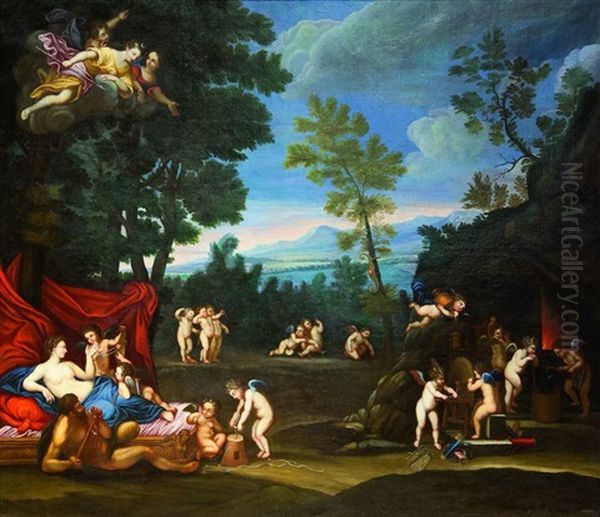 Les Nymphes De Diane Desarmant Les Amours Endormis Et Venus A La Forge De Vulcain (pair) Oil Painting by Francesco Albani