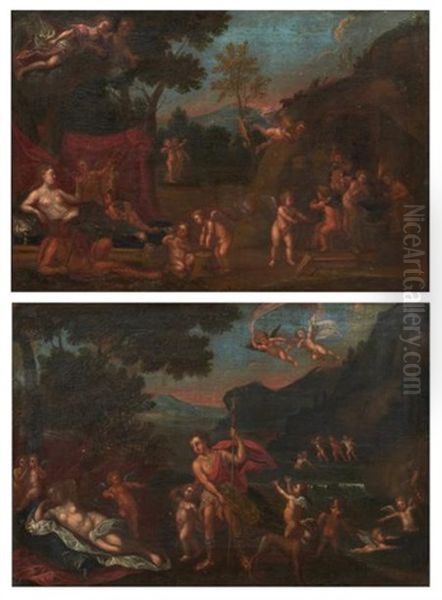 Adonis Conduit Pres De Venus Par Les Amours Et Le Repos De Venus Et De Vulcain (pair) Oil Painting by Francesco Albani