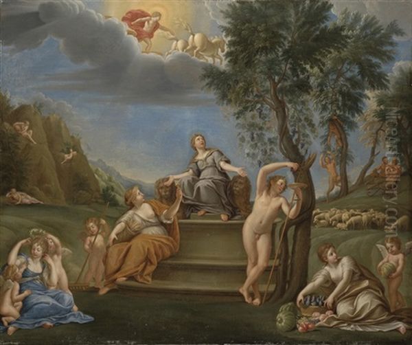 Realm Of Earth: Cybele Surrounded By Ceres, Flora And Bacchus Oil Painting by Francesco Albani