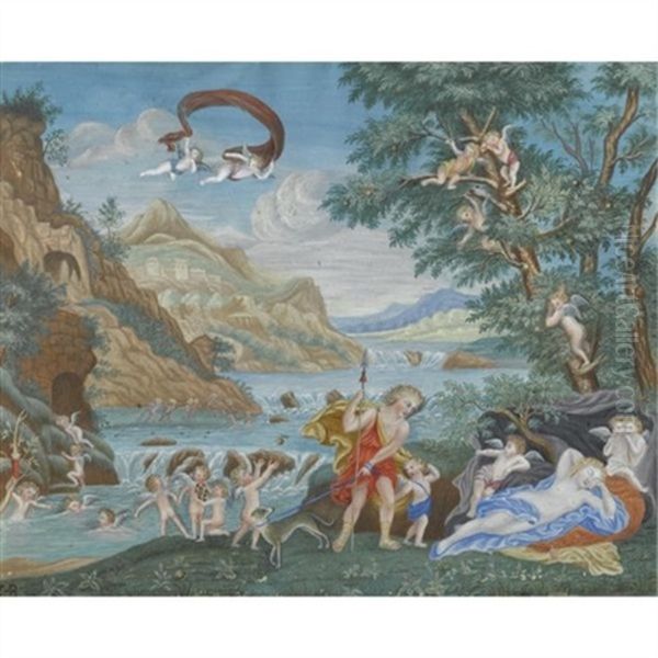 The Toilet Of Venus (+ Venus And Adonis; 2 Works) Oil Painting by Francesco Albani