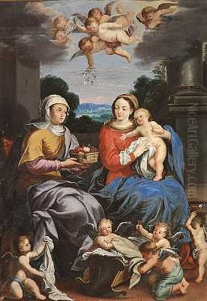 Anna, Maria Og Jesusbarnet Omgivet Af Engle I Et Landskab Oil Painting by Francesco Albani