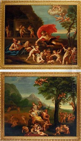 An Allegory Of Fire: Jupiter At The Forge Of Vulcan (+ An Allegory Of Earth: Flora, Ceres, Berecinta And Bacchus; Pair) Oil Painting by Francesco Albani