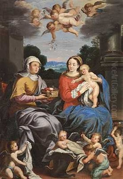 Anna, Maria Og Jesusbarnet Omgivet Af Engle I Et Landskab Oil Painting by Francesco Albani