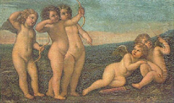 Five Putti In A Landscape, Playing With Bows And Arrows Oil Painting by Francesco Albani