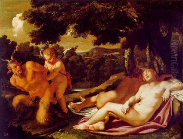 Amor Bindet Einen Satyr, Der Zwei Schlafende Nymphen Belauscht Oil Painting by Francesco Albani