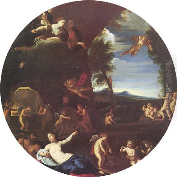 Paesaggio Con Venere, Amorini Che Forgiano Le Frecce, Altri Amorini Che Tirano Con L'arco, E Nel Cielo Altre Divinita Oil Painting by Francesco Albani