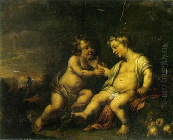 Two Putti In A Landscape With Fruit Oil Painting by Francesco Albani