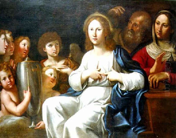 Christ Displaying His Wounds, With The Virgin Mary, Saint Joseph And Attendant Angels Nearby Oil Painting by Francesco Albani