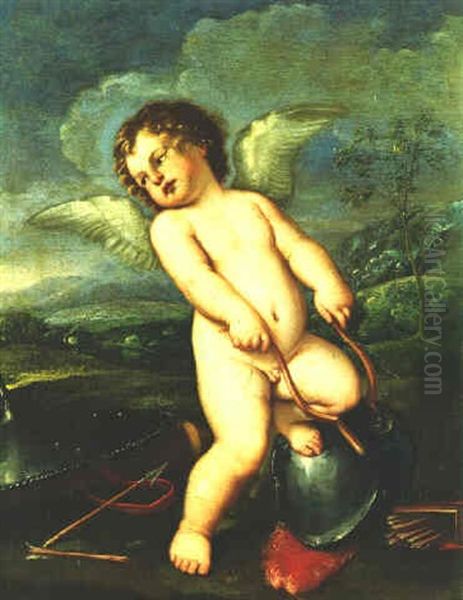 Cupid Playing With The Arms Of Mars Oil Painting by Francesco Albani