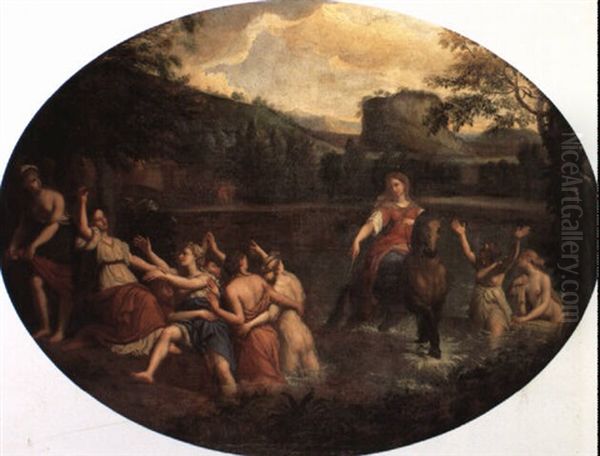 Cloelia And Her Handmaidens Crossing The Tiber Oil Painting by Francesco Albani