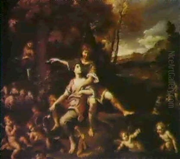 Angelica E Medoro In Un Paesaggio Con Amorini E Altre Figure Oil Painting by Francesco Albani