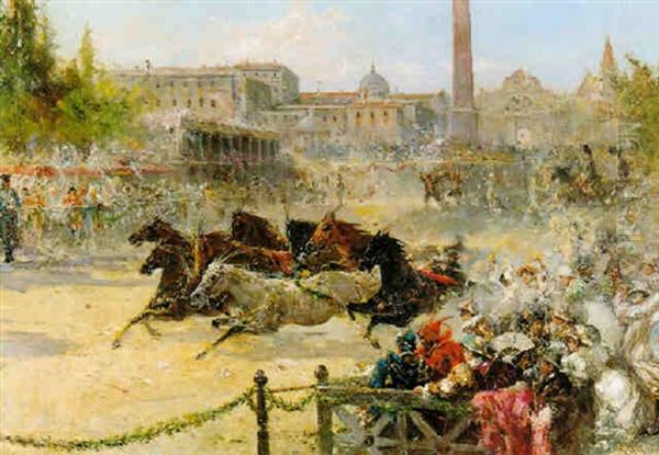 The Race Of The Riderless Horses, Rome Oil Painting by Augusto Alberici