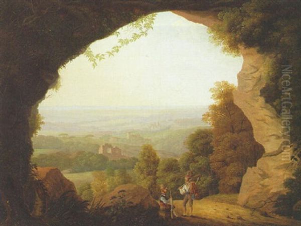 Huntsmen Resting At The Mouth Of A Grotto, An Extensive Landscape Beyond Oil Painting by Anton Albers the Elder