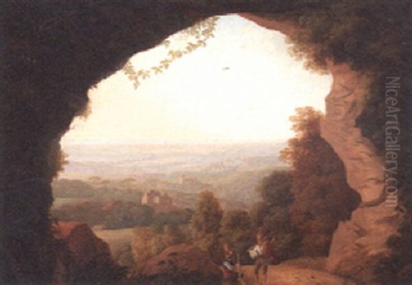 Huntsmen Resting At The Mouth Of A Grotto, An Extensive Landscape Beyond Oil Painting by Anton Albers the Elder