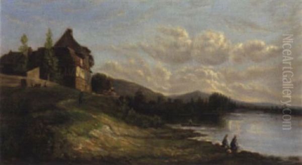 Fluslandschaft Mit Wascherinnen Am Ufer Oil Painting by Adolphe Albert